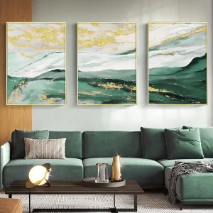 Abstract Green and Gold Canvas Wall Art Modern Mountains Picture Green and White Abstract Gold Foil Artwork Emerald Abstract Painting Mountains Canvas Print Green and Gold Posters 16x24inchx3 No Frame