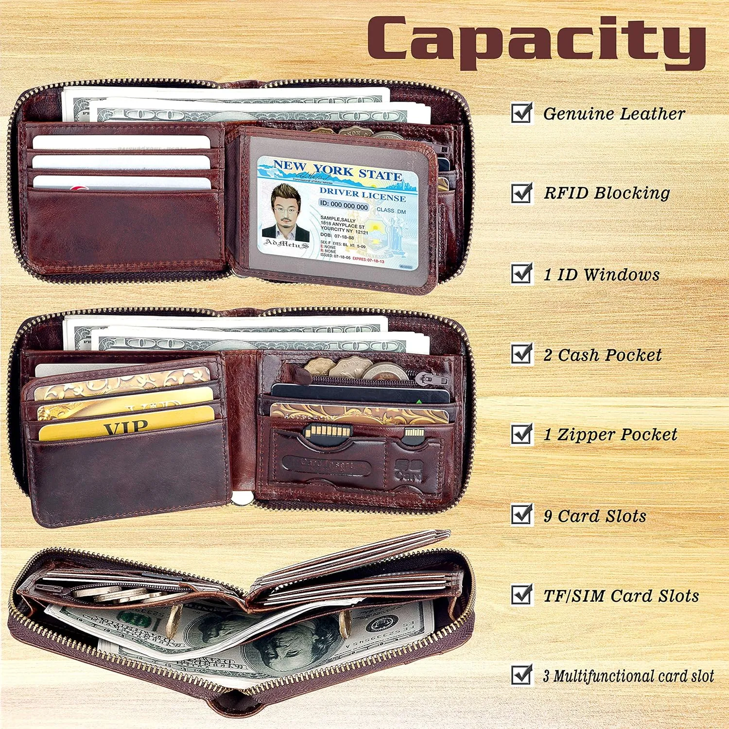 Admetus Men's Genuine Leather Short Zip-around Bifold Wallet