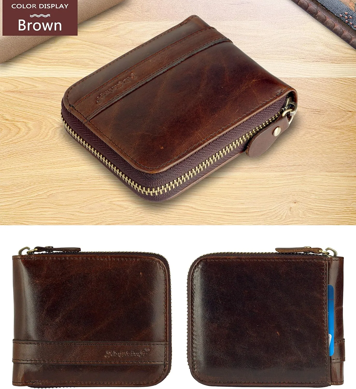Admetus Men's Genuine Leather Short Zip-around Bifold Wallet