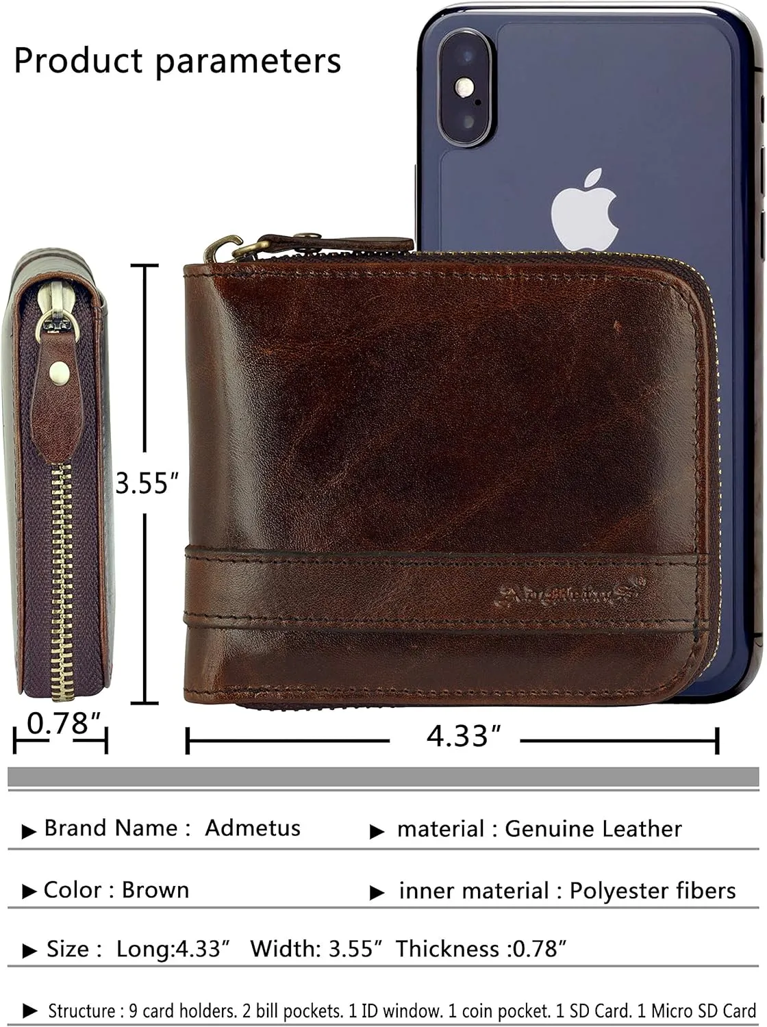 Admetus Men's Genuine Leather Short Zip-around Bifold Wallet