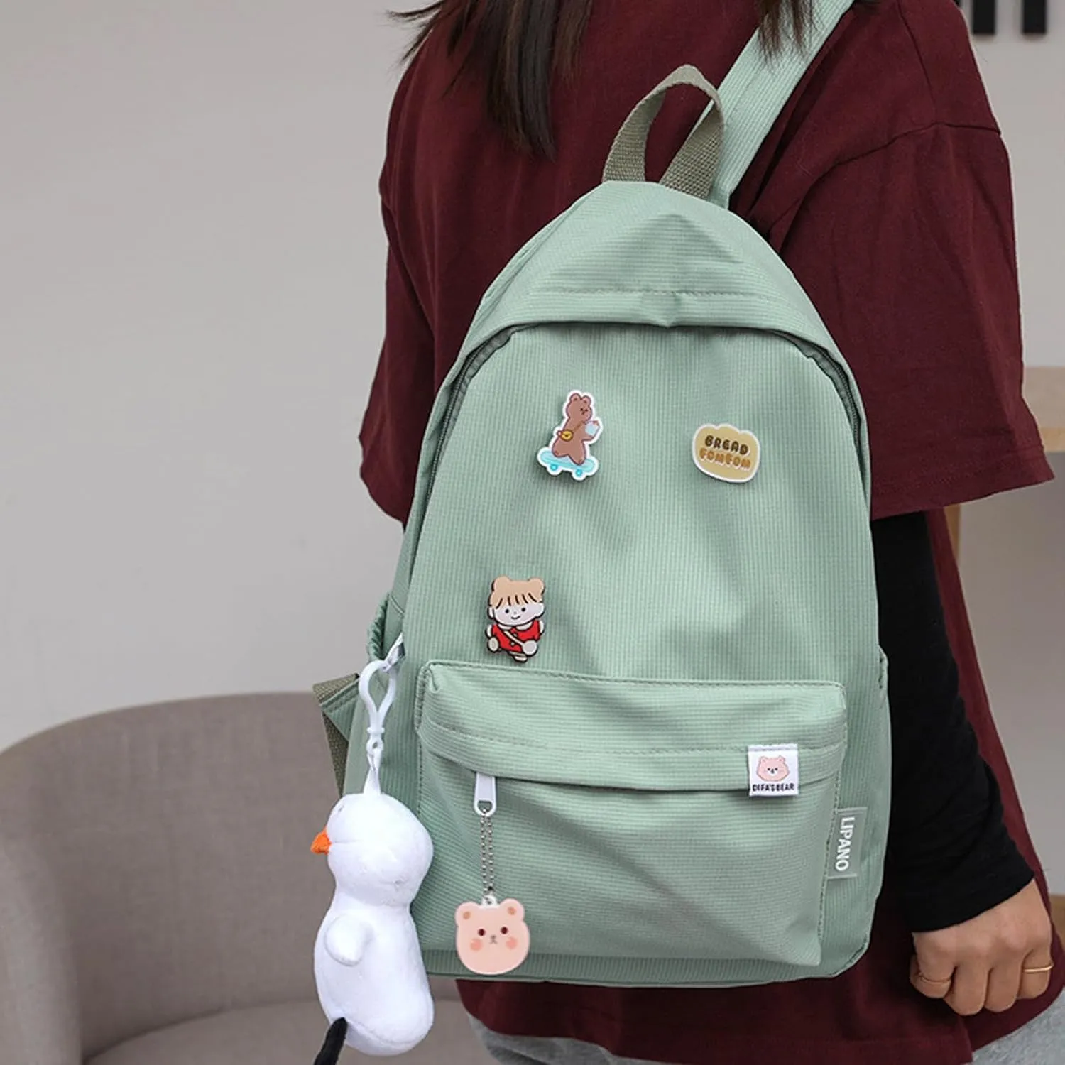 Aesthetic Backpack, Large Capacity Lightweight Casual Daypack, Cute Oxford Frabic Mochila with Pendant (Blue)