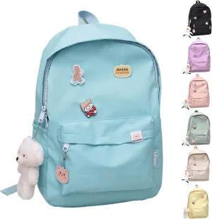 Aesthetic Backpack, Large Capacity Lightweight Casual Daypack, Cute Oxford Frabic Mochila with Pendant (Blue)