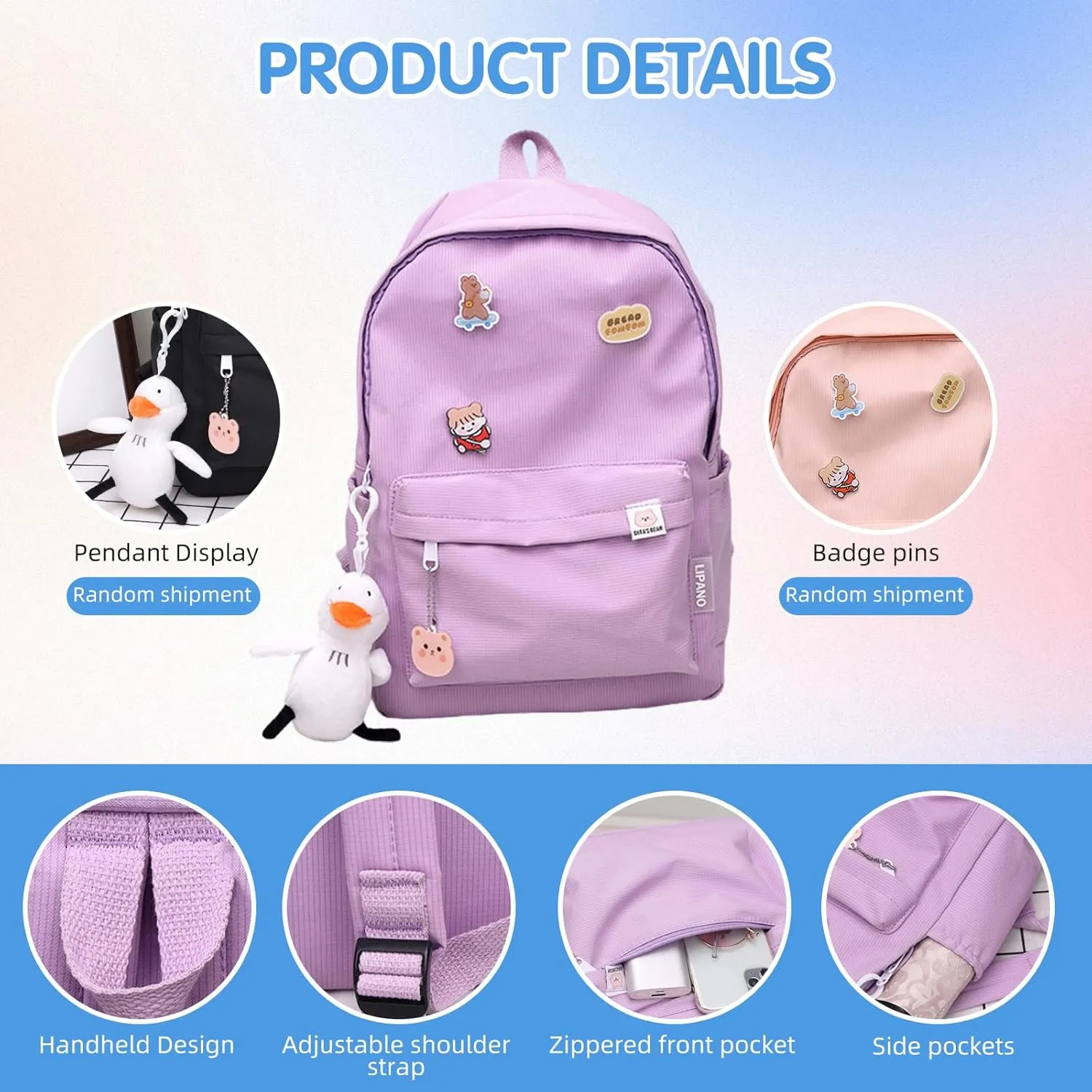 Aesthetic Backpack, Large Capacity Lightweight Casual Daypack, Cute Oxford Frabic Mochila with Pendant (Cream)