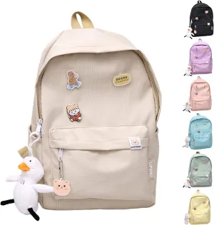Aesthetic Backpack, Large Capacity Lightweight Casual Daypack, Cute Oxford Frabic Mochila with Pendant (Cream)