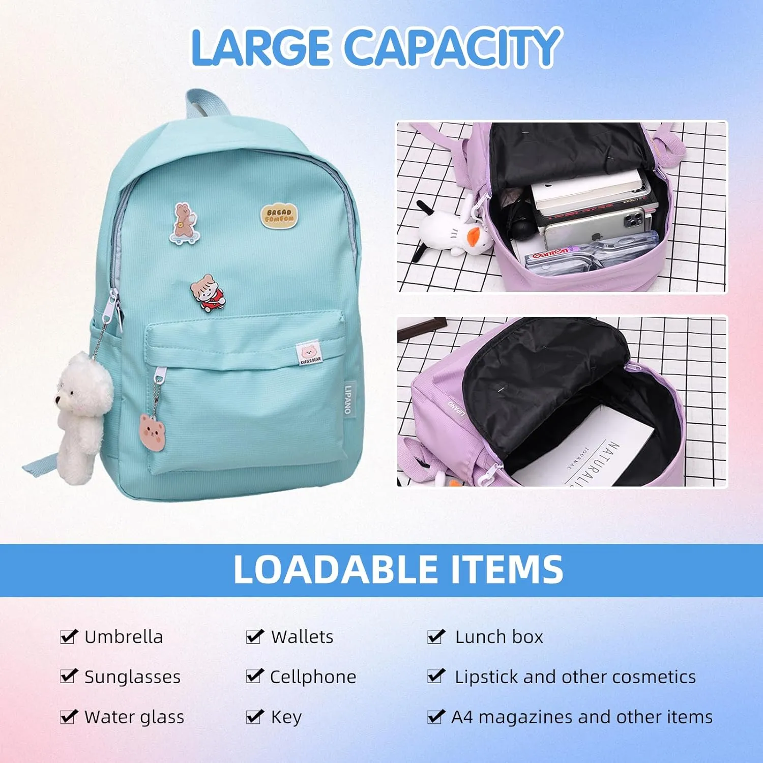 Aesthetic Backpack, Large Capacity Lightweight Casual Daypack, Cute Oxford Frabic Mochila with Pendant (Cream)