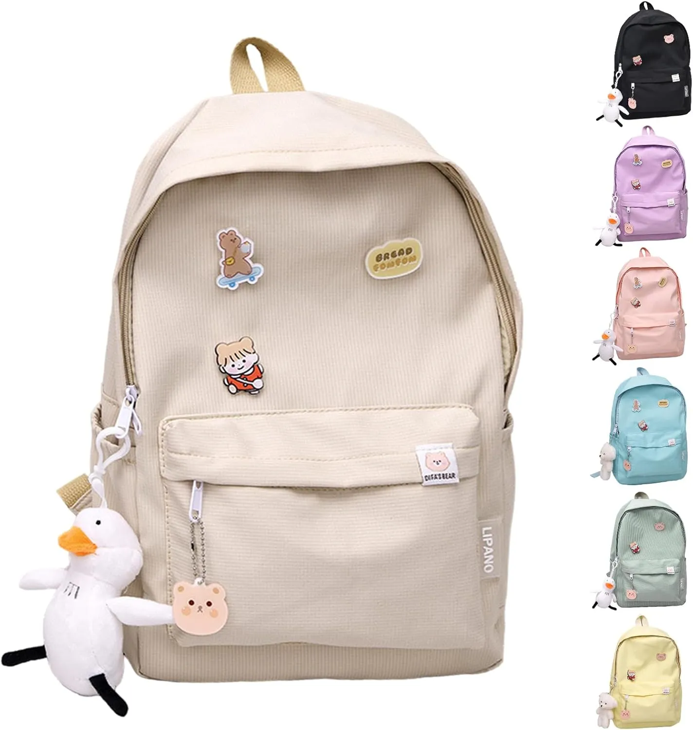 Aesthetic Backpack, Large Capacity Lightweight Casual Daypack, Cute Oxford Frabic Mochila with Pendant (Cream)