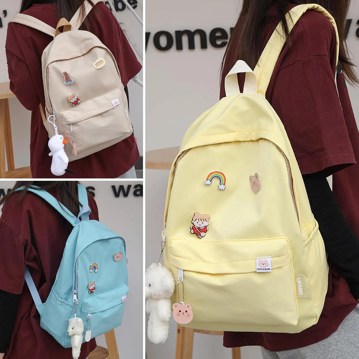 Aesthetic Backpack, Large Capacity Lightweight Casual Daypack, Cute Oxford Frabic Mochila with Pendant (Cream)