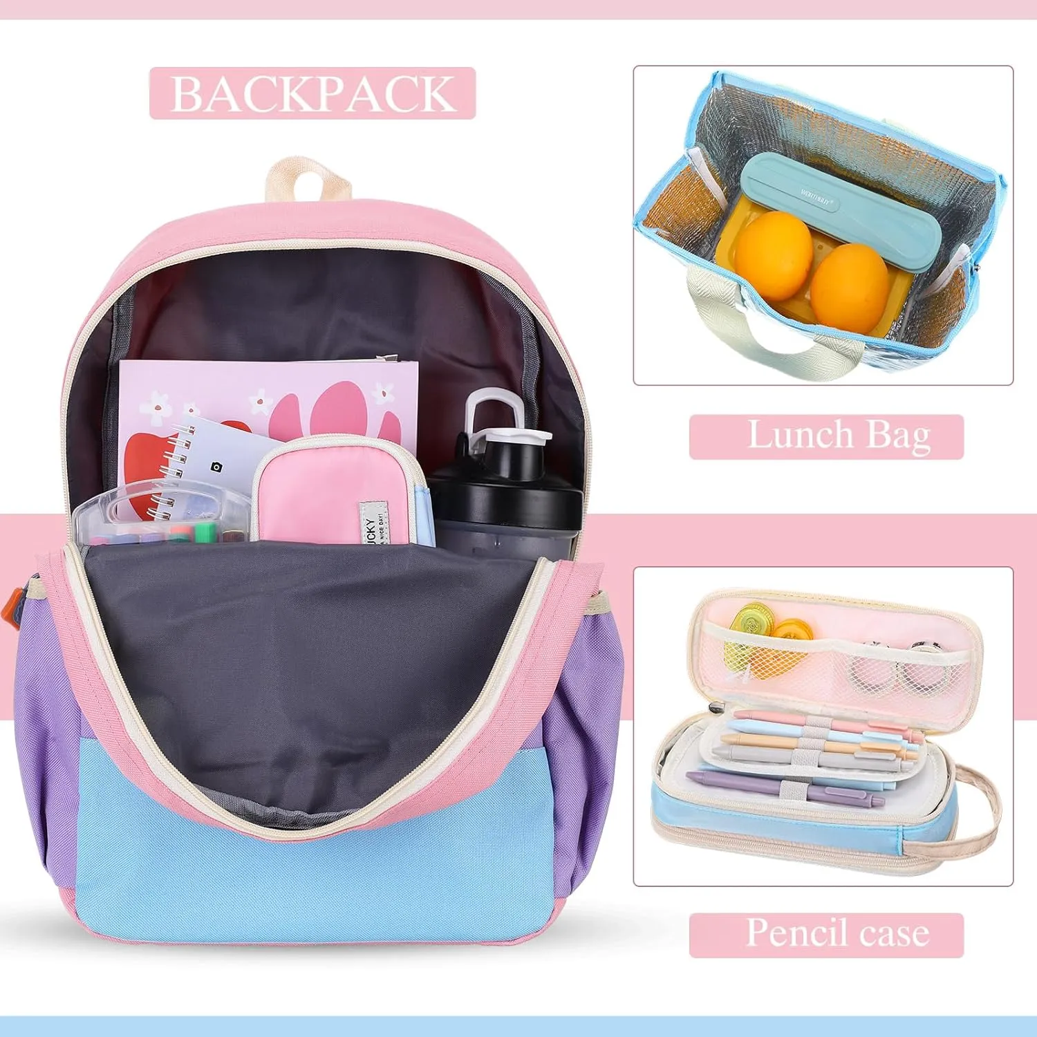 Aesthetic Backpack Set School Backpack Kindergarten Backpack with Pencil Case and Food Bag Kids School Supplies (Pink, Purple, Blue, Yellow, Light Blue)