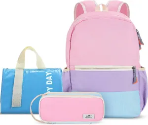 Aesthetic Backpack Set School Backpack Kindergarten Backpack with Pencil Case and Food Bag Kids School Supplies (Pink, Purple, Blue, Yellow, Light Blue)