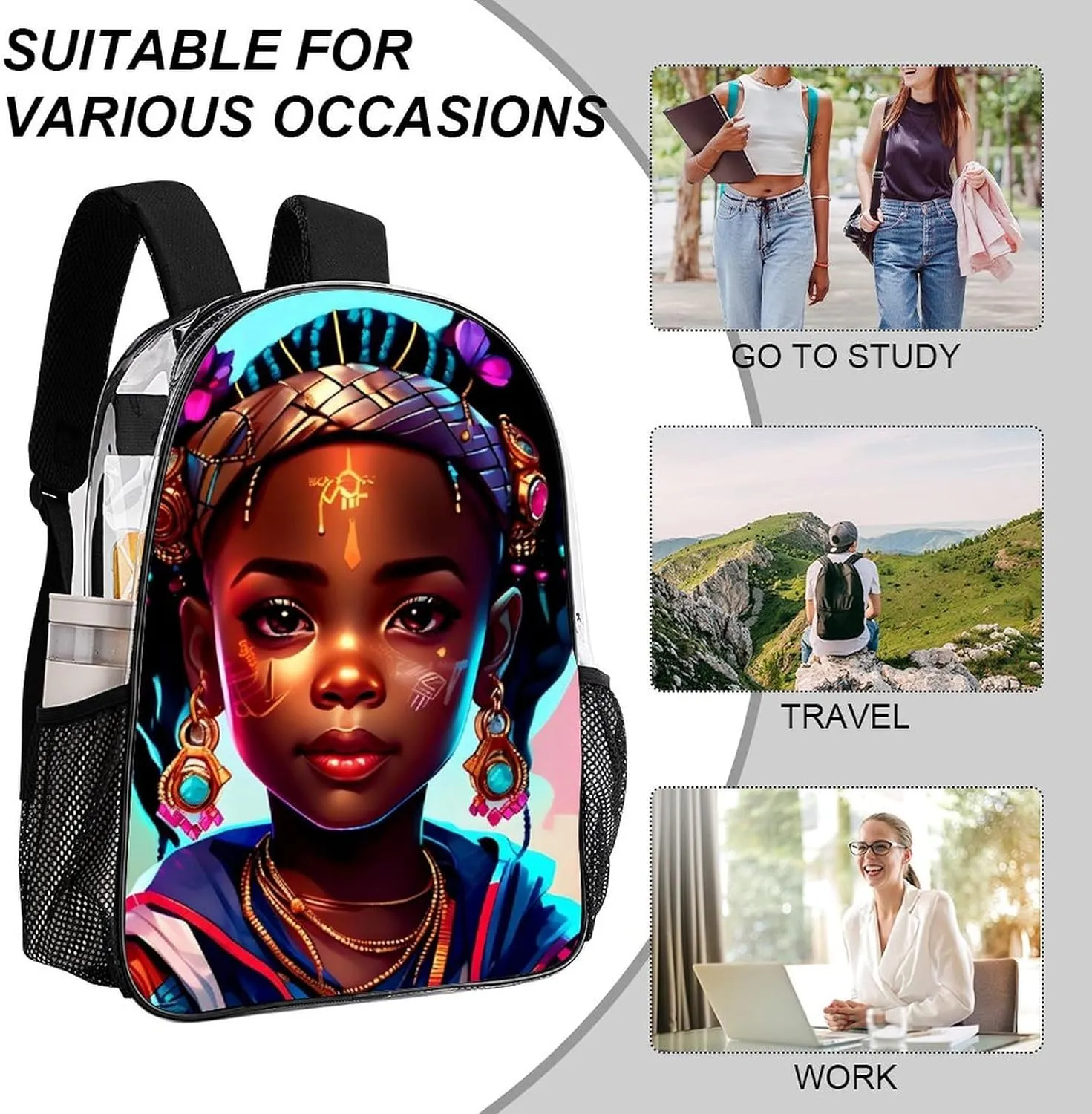 Afro Women African American Black Women Art Backpack Transparent Anti-Theft Multipurpose Bookbag Large Capacity Laptop Book Bag Rucksack With Side Pockets