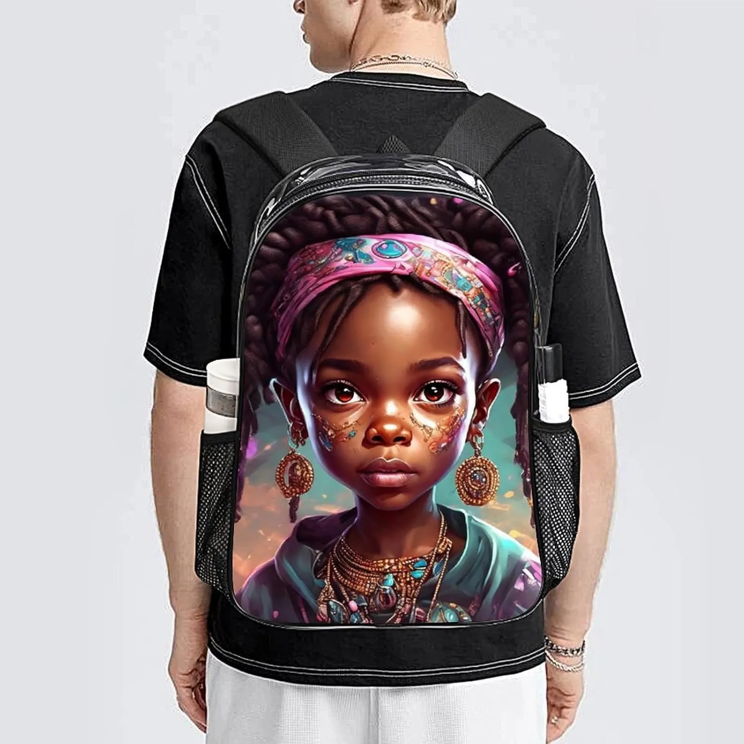 Afro Women African American Black Women Art Shoulder Book Bags Transparent Multipurpose Anti-Theft Carry On Bag Large Capacity Travel Hiking & Camping Rucksack