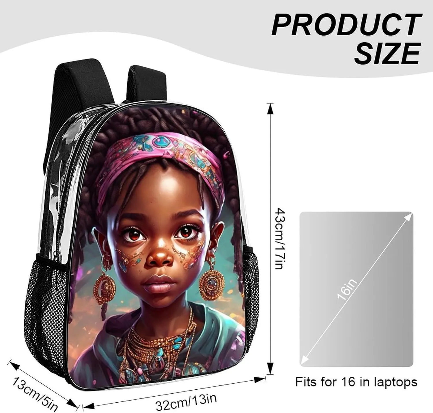 Afro Women African American Black Women Art Shoulder Book Bags Transparent Multipurpose Anti-Theft Carry On Bag Large Capacity Travel Hiking & Camping Rucksack