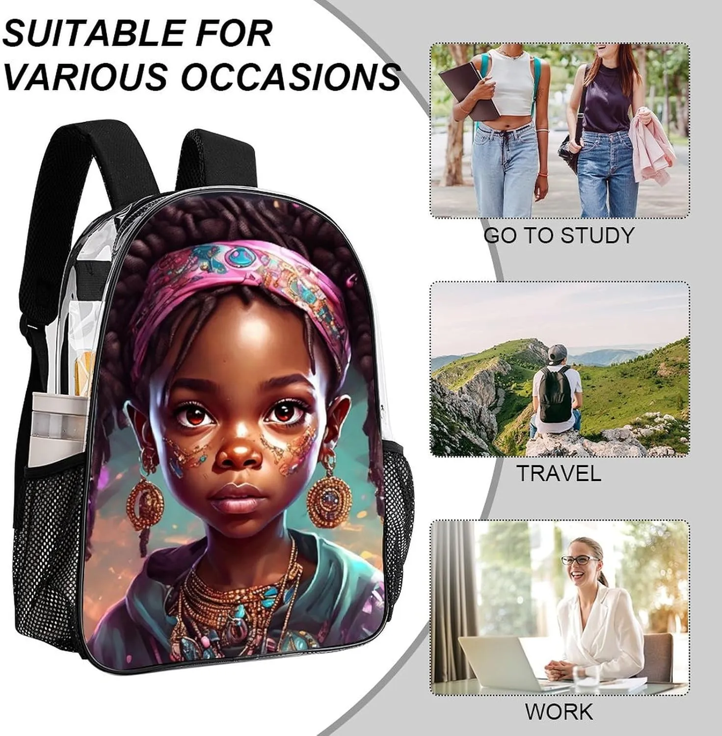 Afro Women African American Black Women Art Shoulder Book Bags Transparent Multipurpose Anti-Theft Carry On Bag Large Capacity Travel Hiking & Camping Rucksack