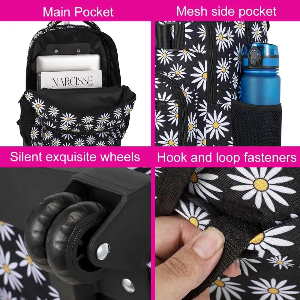 AGSDON Rolling Backpack for Girls, Women Roller Wheels Bookbag, Laptop Daisy Wheeled School Bag with Wheels for Teens