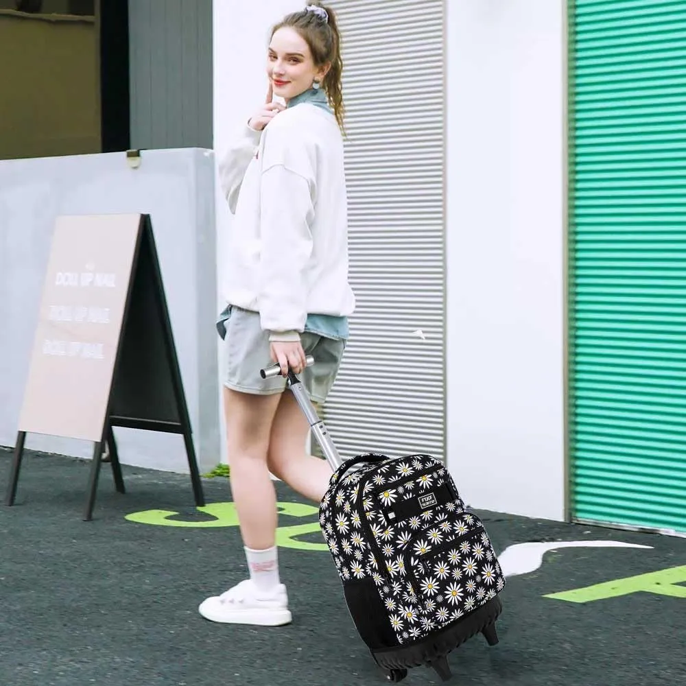 AGSDON Rolling Backpack for Girls, Women Roller Wheels Bookbag, Laptop Daisy Wheeled School Bag with Wheels for Teens