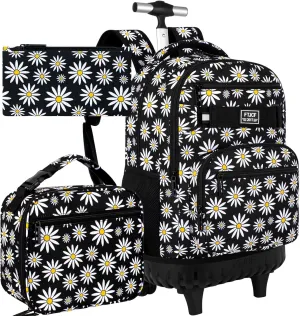 AGSDON Rolling Backpack for Girls, Women Roller Wheels Bookbag, Laptop Daisy Wheeled School Bag with Wheels for Teens