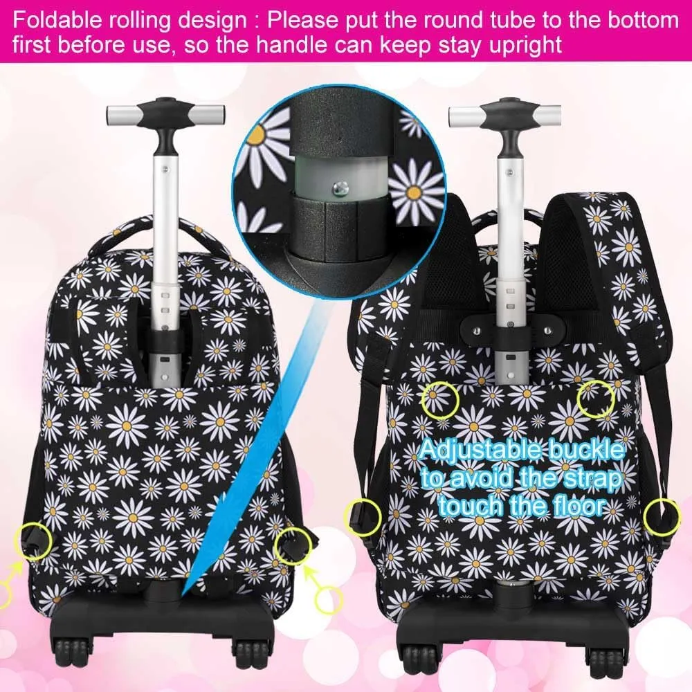 AGSDON Rolling Backpack for Girls, Women Roller Wheels Bookbag, Laptop Daisy Wheeled School Bag with Wheels for Teens
