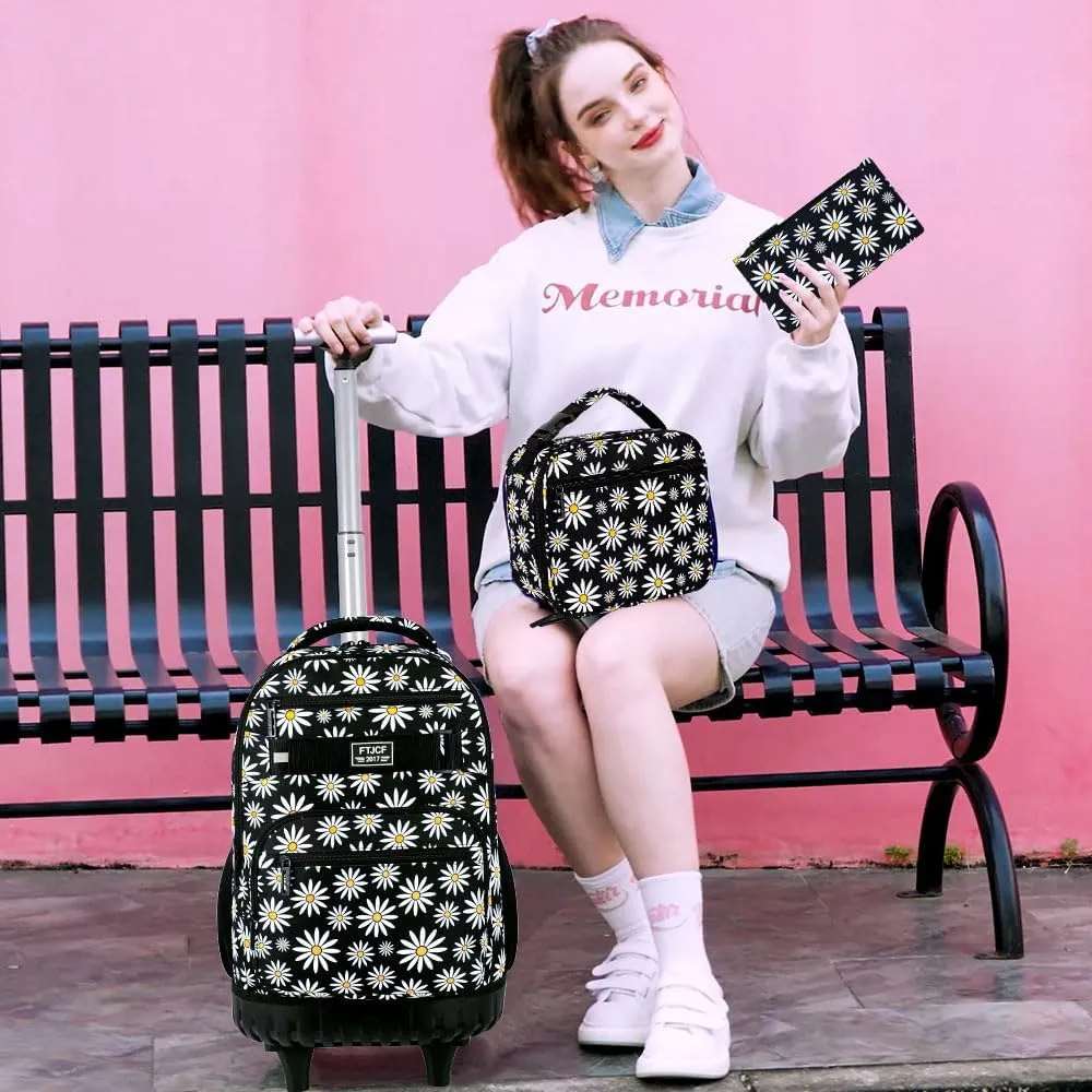 AGSDON Rolling Backpack for Girls, Women Roller Wheels Bookbag, Laptop Daisy Wheeled School Bag with Wheels for Teens