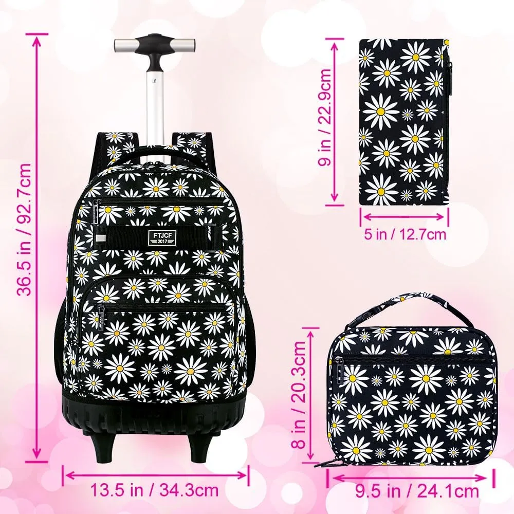 AGSDON Rolling Backpack for Girls, Women Roller Wheels Bookbag, Laptop Daisy Wheeled School Bag with Wheels for Teens