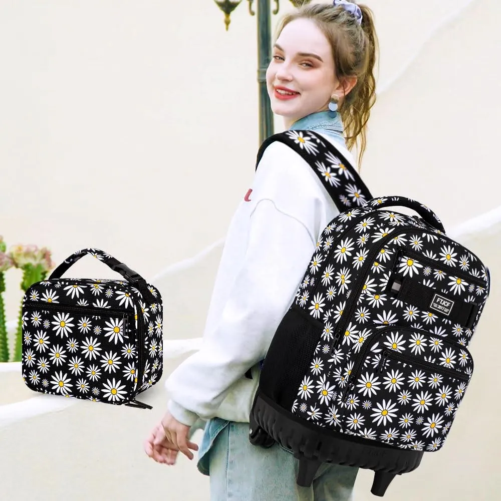 AGSDON Rolling Backpack for Girls, Women Roller Wheels Bookbag, Laptop Daisy Wheeled School Bag with Wheels for Teens