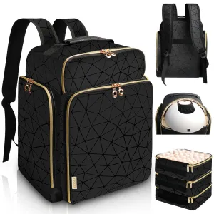 Ahzske Elegant Black Backpack Organizer, Holds 126 Nail Bottles, Extra Large Nail Kit Supplies Storage with 3 Removable Cases, PU Leather Organizer for Travel