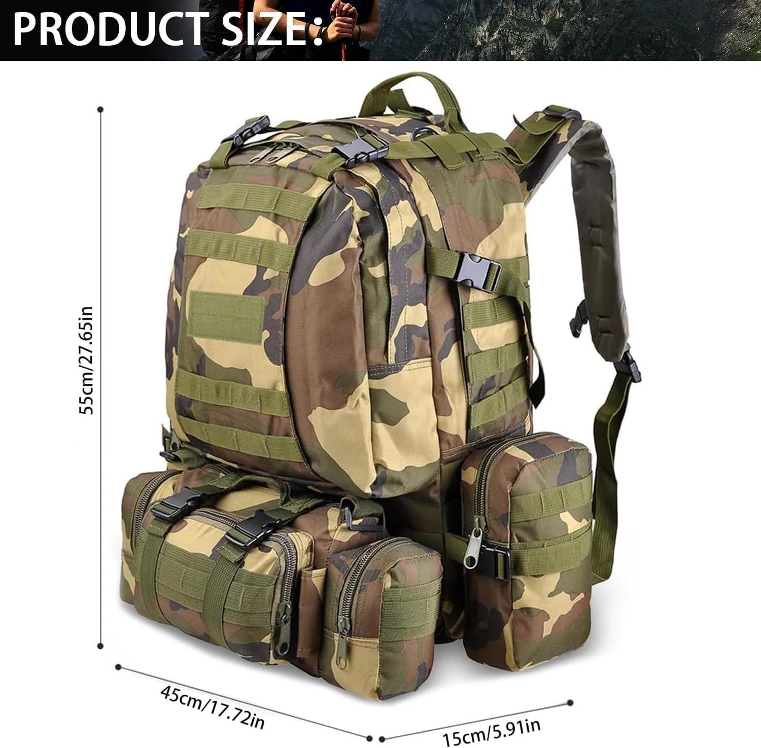aiGear Tactical Backpack for Men, 55L Military Backpack, 3-Day Bug Out Bag for Camping Hiking Hunting with Molle System Army Daypack (55L Camo)