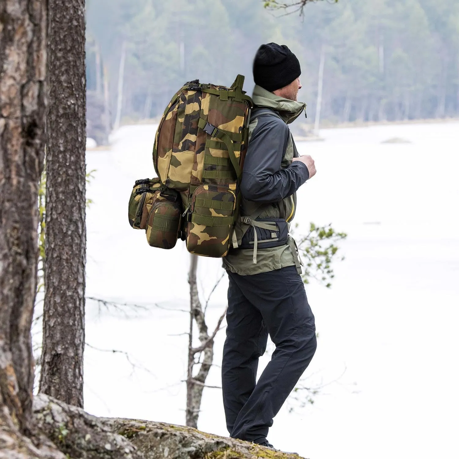 aiGear Tactical Backpack for Men, 55L Military Backpack, 3-Day Bug Out Bag for Camping Hiking Hunting with Molle System Army Daypack (55L Camo)