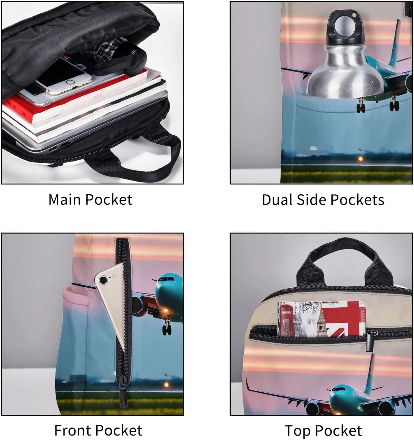 Airplane in The Evening Lights print Lightweight Laptop Backpack Travel Daypack Bookbag for Women Men for Travel Work