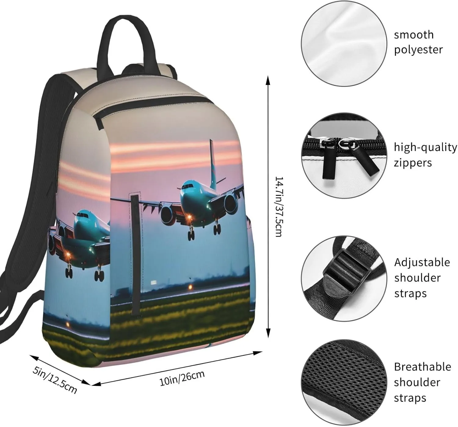 Airplane in The Evening Lights print Lightweight Laptop Backpack Travel Daypack Bookbag for Women Men for Travel Work