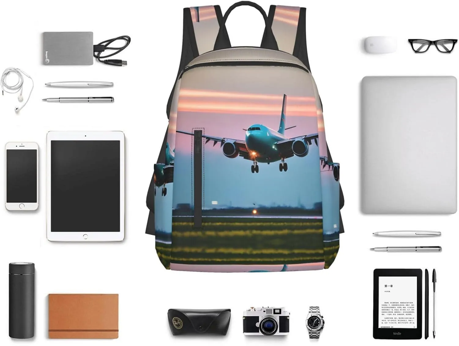 Airplane in The Evening Lights print Lightweight Laptop Backpack Travel Daypack Bookbag for Women Men for Travel Work