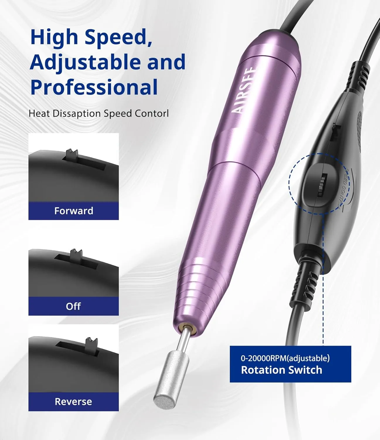 AIRSEE Studio Basic Adapter Portable Electric Nail Drill Machine for Professional, EFile for Acrylic Gel Nails and Manicure Pedicure Polishing Shape, Electric Nail File Kit for Salon Purple