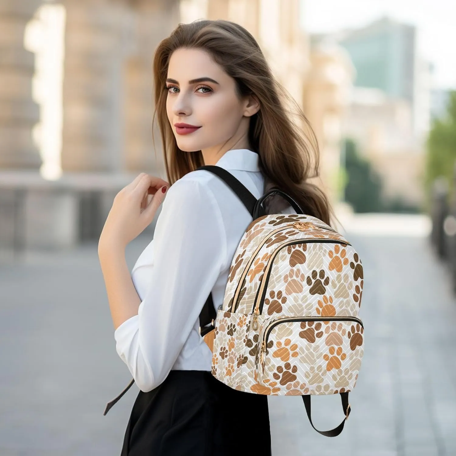 ALAZA Brown Orange Paw Print Women Backpack Purse Ladies Fashion Shoulder Bag Daypack Travel Bag 7.5L