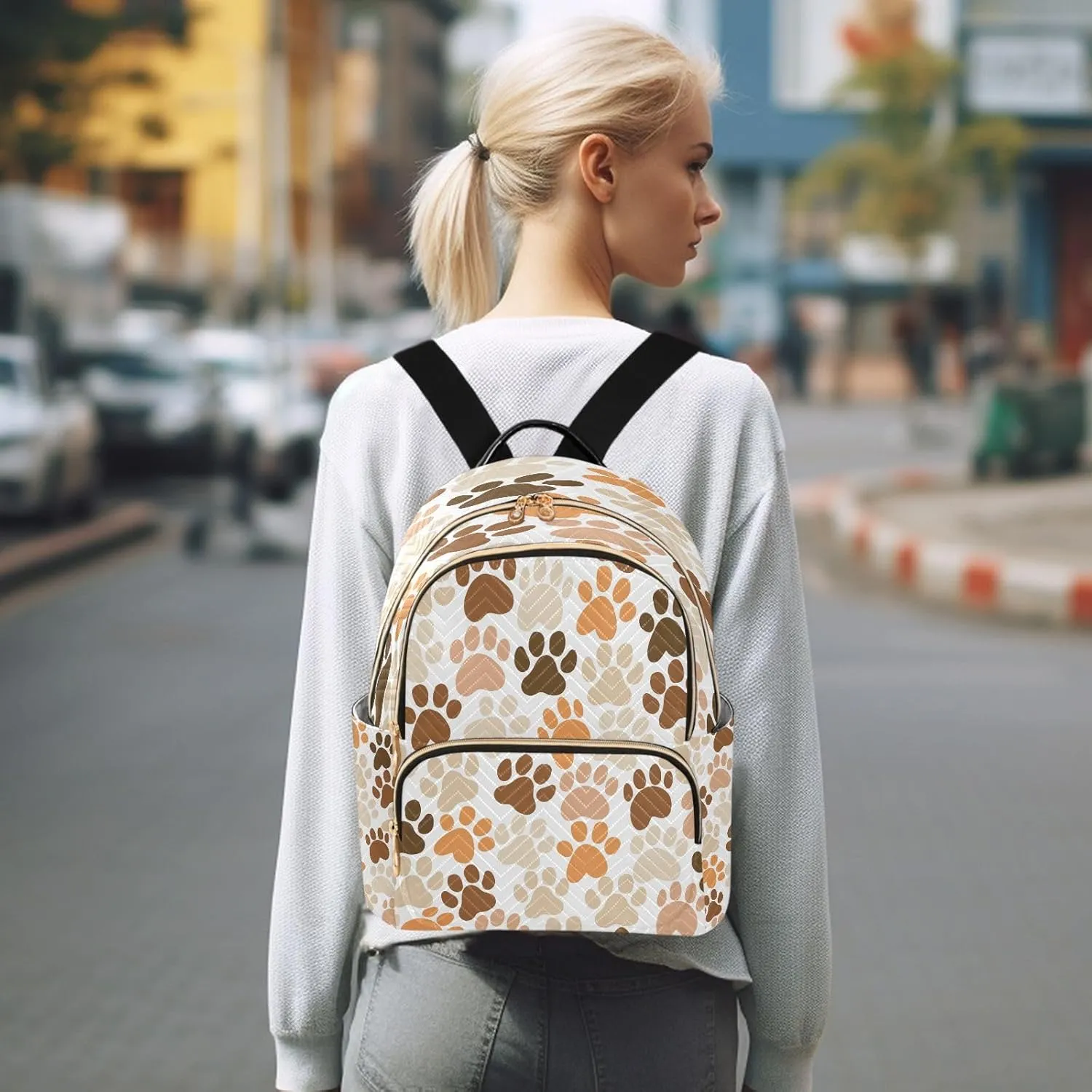 ALAZA Brown Orange Paw Print Women Backpack Purse Ladies Fashion Shoulder Bag Daypack Travel Bag 7.5L
