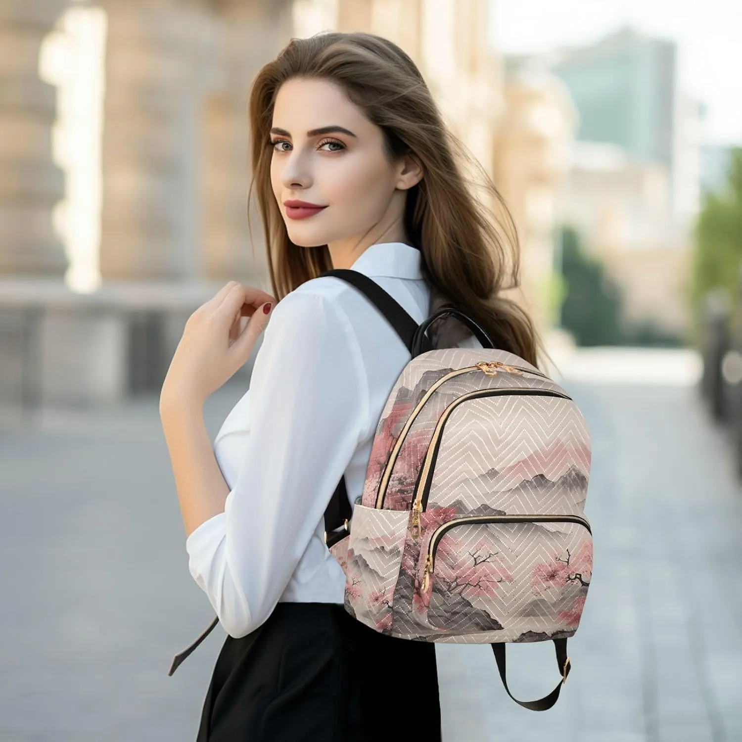 ALAZA Cherry Blossom Mountain Mini Backpack Purse for Women Travel Bag Lightweight Shoulder Bag Fashion Daypack