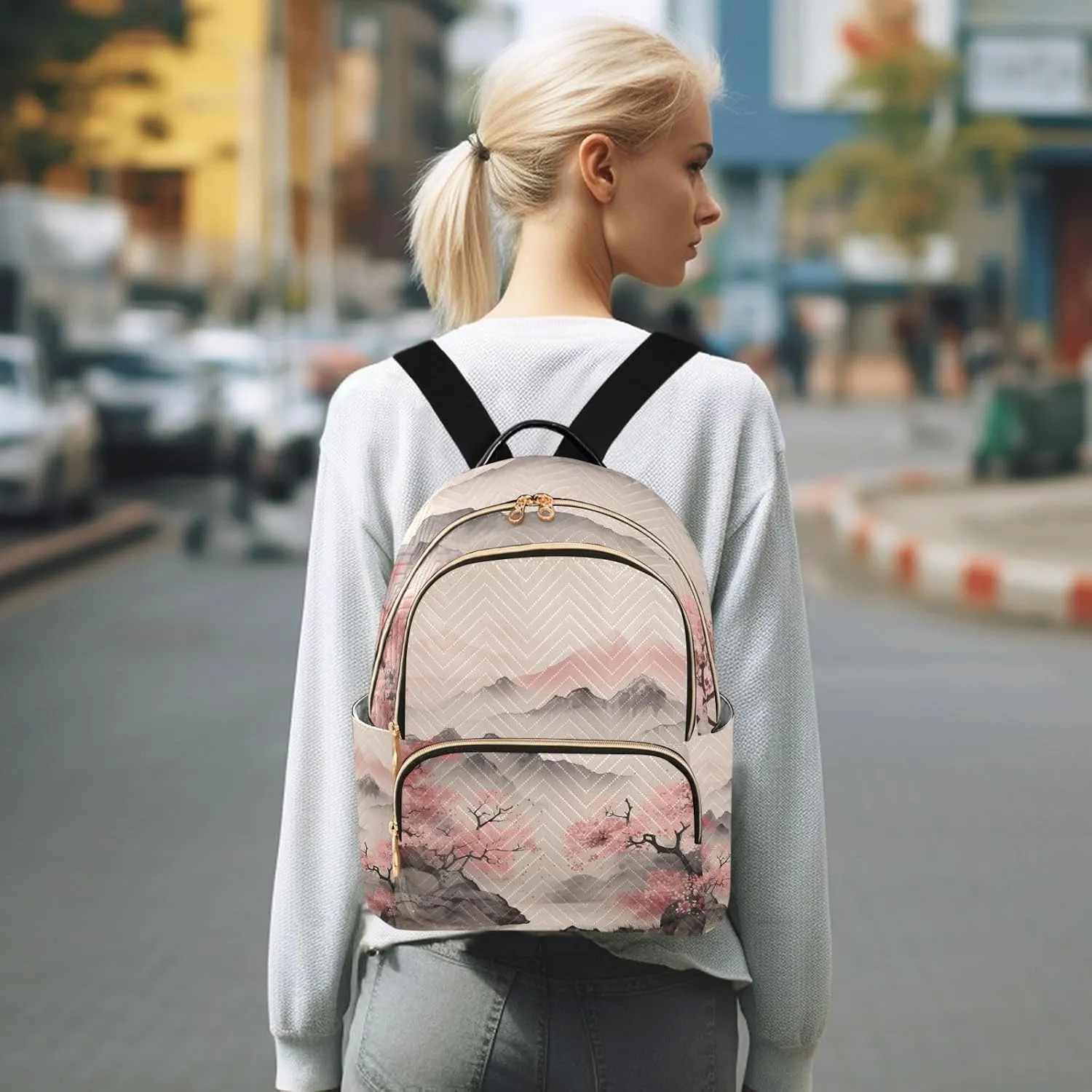 ALAZA Cherry Blossom Mountain Mini Backpack Purse for Women Travel Bag Lightweight Shoulder Bag Fashion Daypack