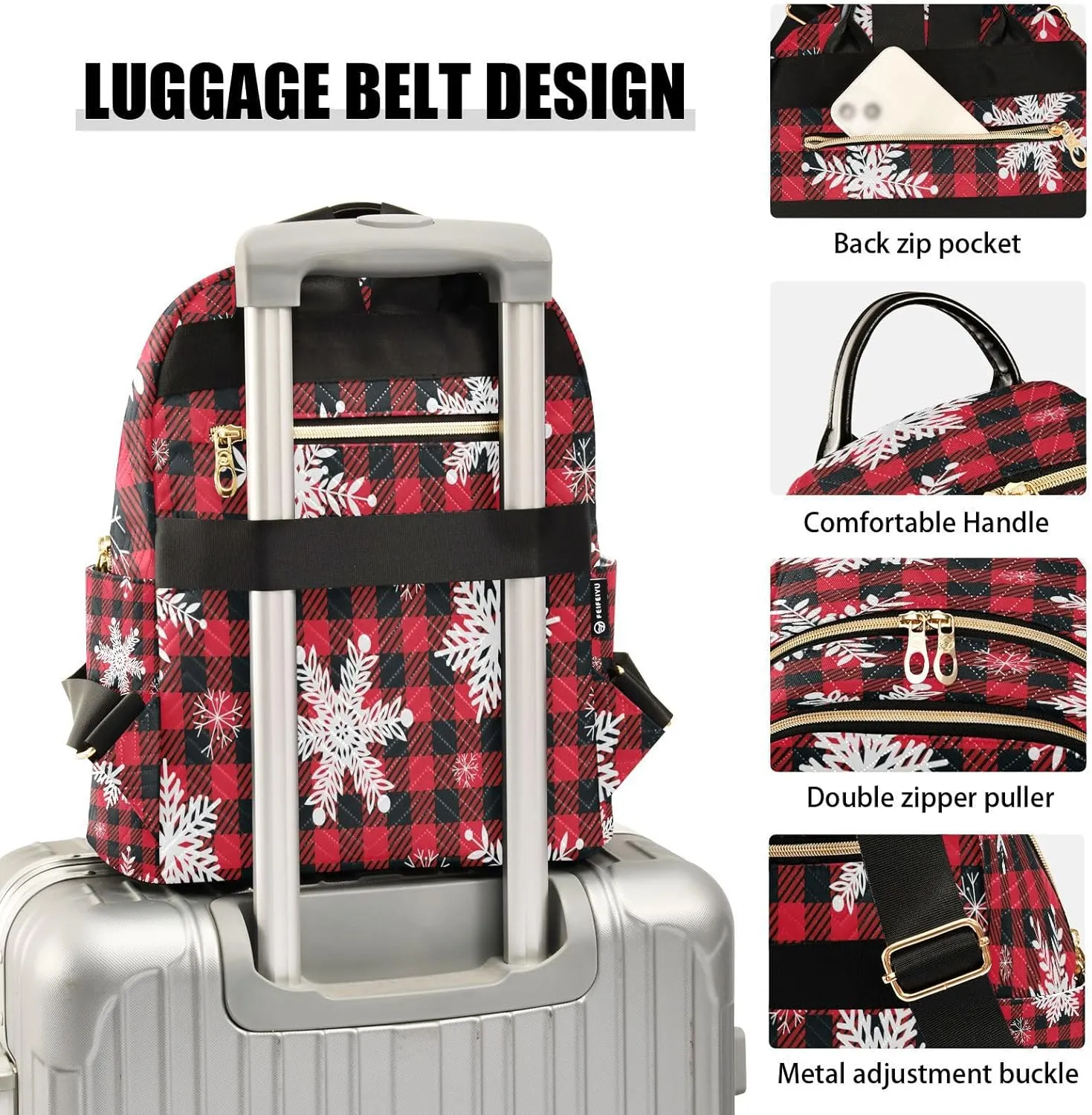 ALAZA Christmas Snowflake Buffalo Plaid Women Backpack Purse Ladies Fashion Shoulder Bag Daypack Travel Bag 7.5L