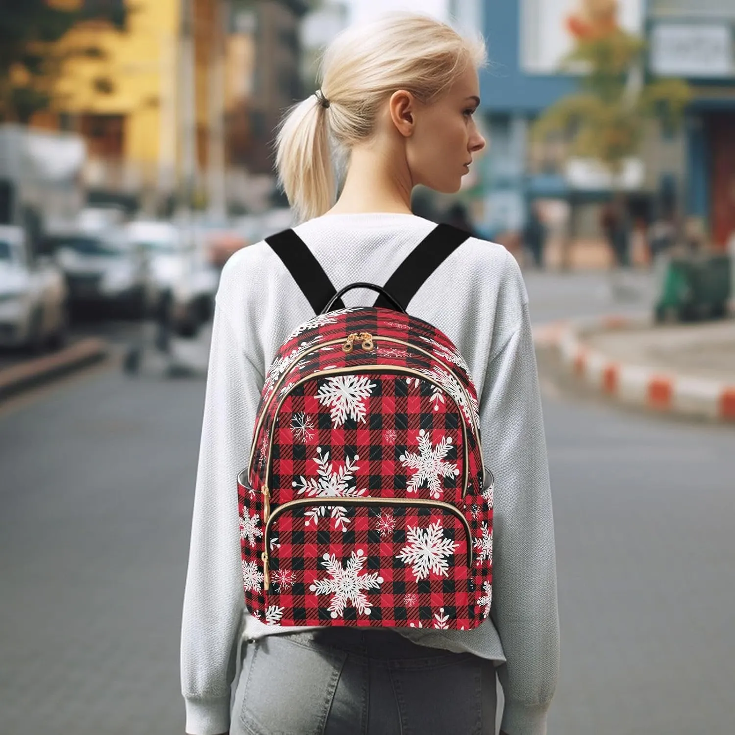 ALAZA Christmas Snowflake Buffalo Plaid Women Backpack Purse Ladies Fashion Shoulder Bag Daypack Travel Bag 7.5L