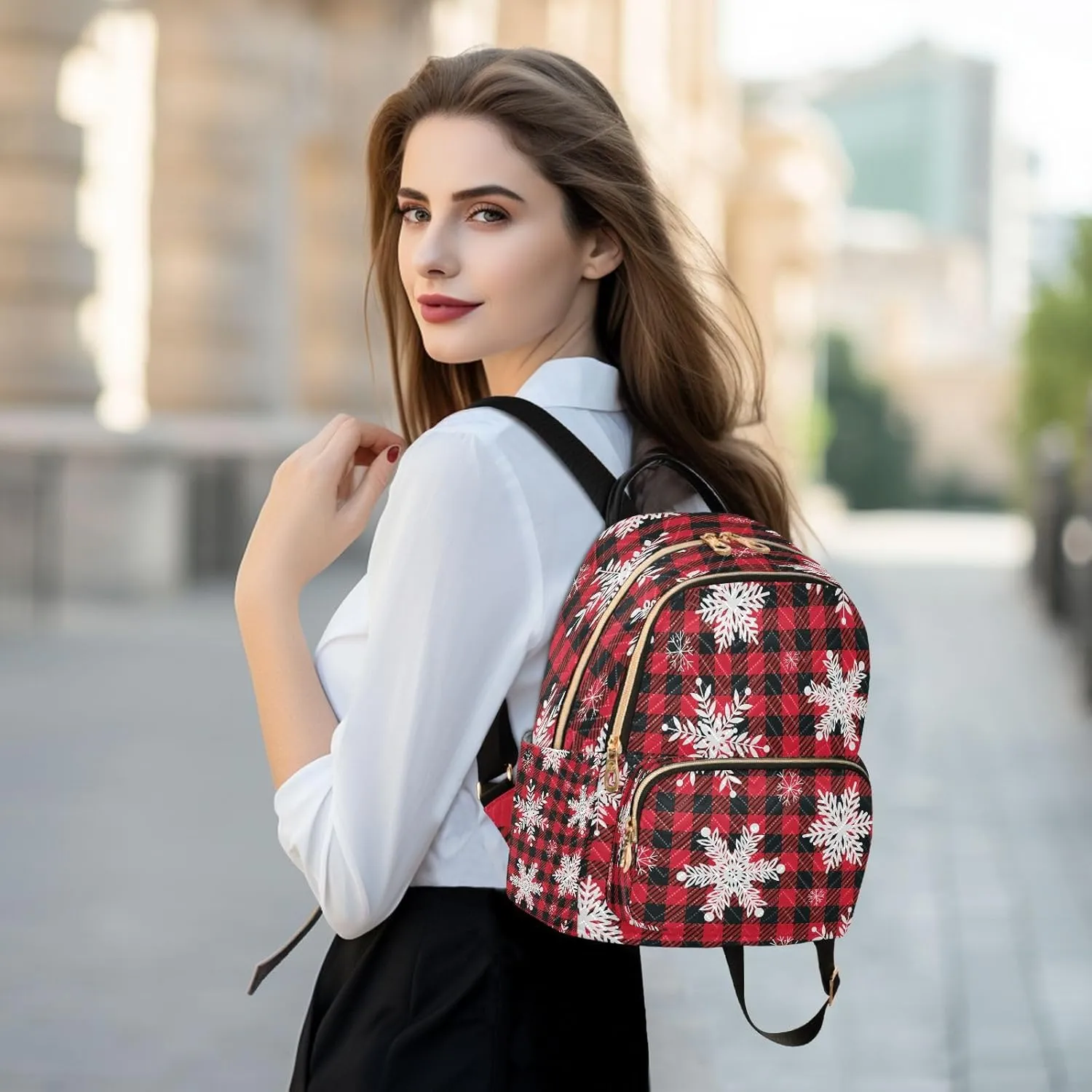ALAZA Christmas Snowflake Buffalo Plaid Women Backpack Purse Ladies Fashion Shoulder Bag Daypack Travel Bag 7.5L