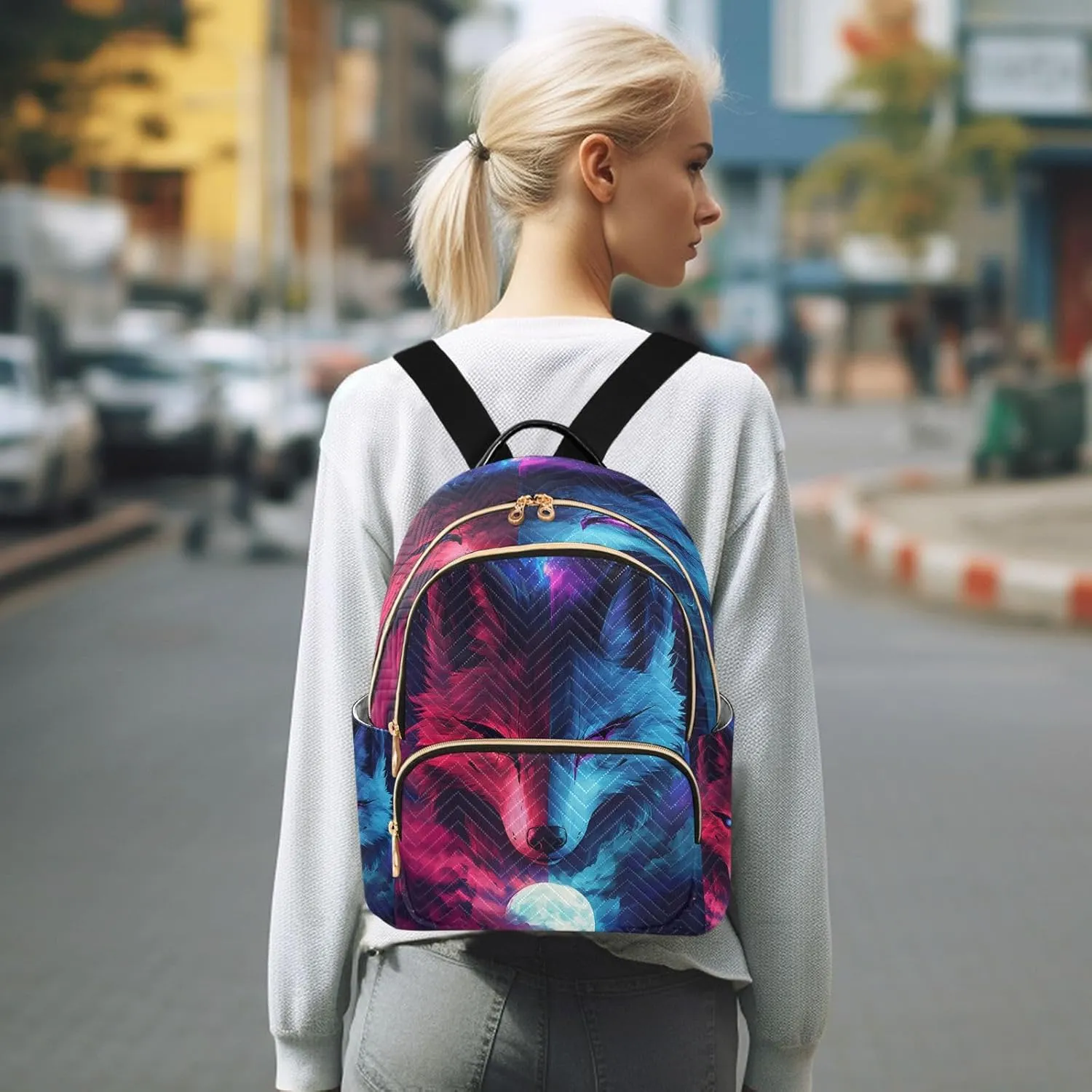 ALAZA Cool Galaxy Wolf Mini Backpack Purse for Women Travel Bag Lightweight Shoulder Bag Fashion Daypack