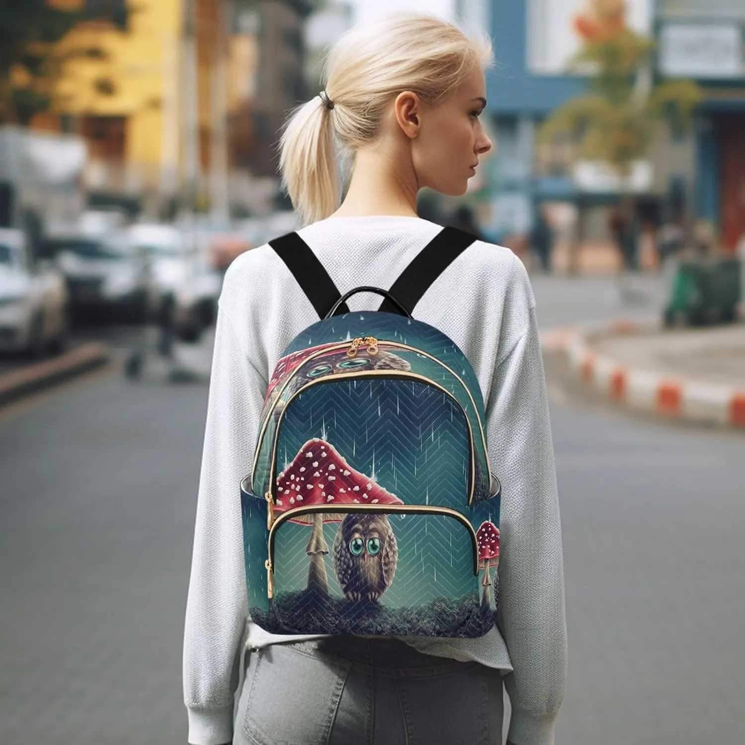 ALAZA Cute Animal Owl Mushroom Women Backpack Purse Ladies Fashion Shoulder Bag Daypack Travel Bag 7.5L