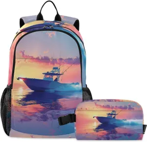 ALAZA Fishing Boat Sea Sunrise Blue Backpack and Lunch Bag Set for Girls Boys Kids School Bag Bookbags Elementary Back Pack Casual Daypack