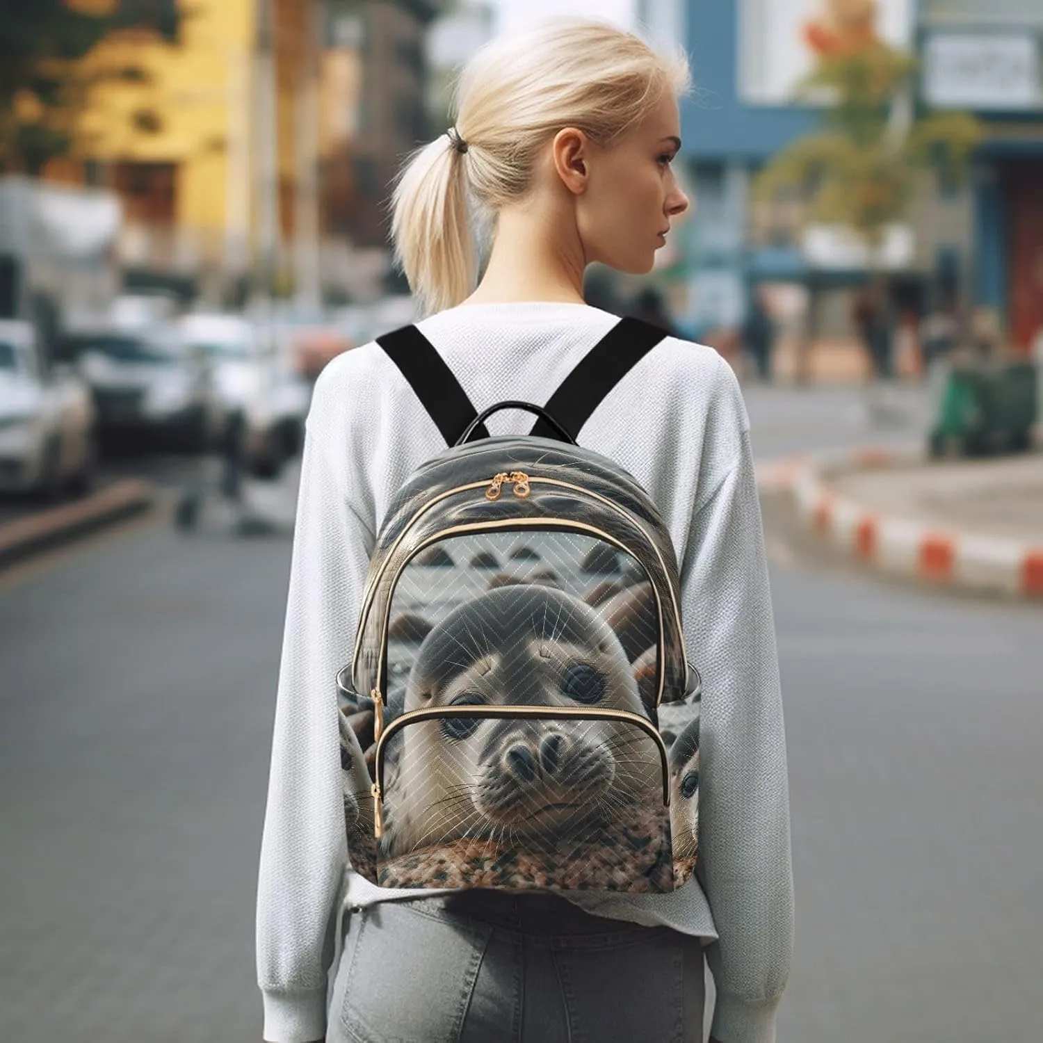 ALAZA Grey Seal Ocean Sea Women Backpack Purse Ladies Fashion Shoulder Bag Daypack Travel Bag 7.5L