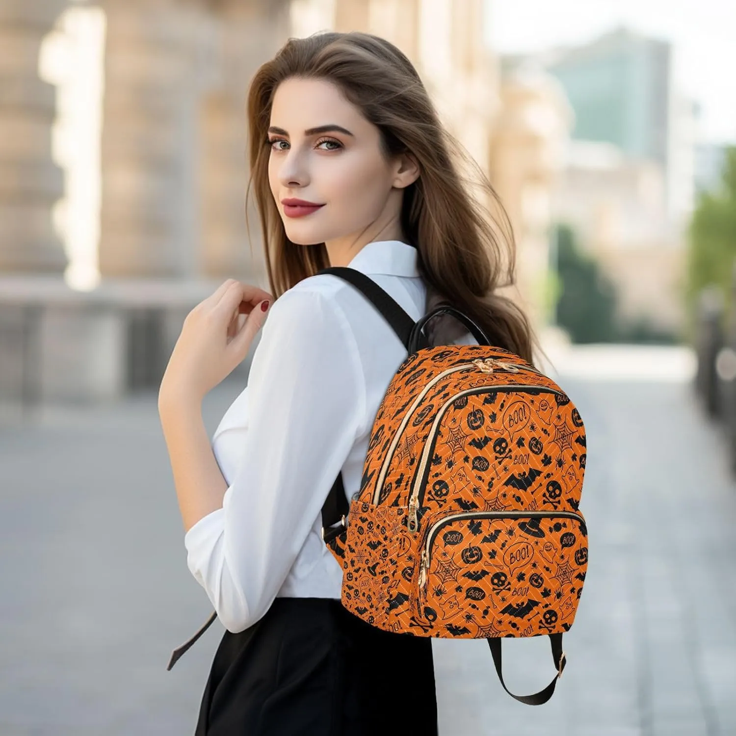 ALAZA Halloween Orange Festive Women Backpack Purse Ladies Fashion Shoulder Bag Daypack Travel Bag 7.5L