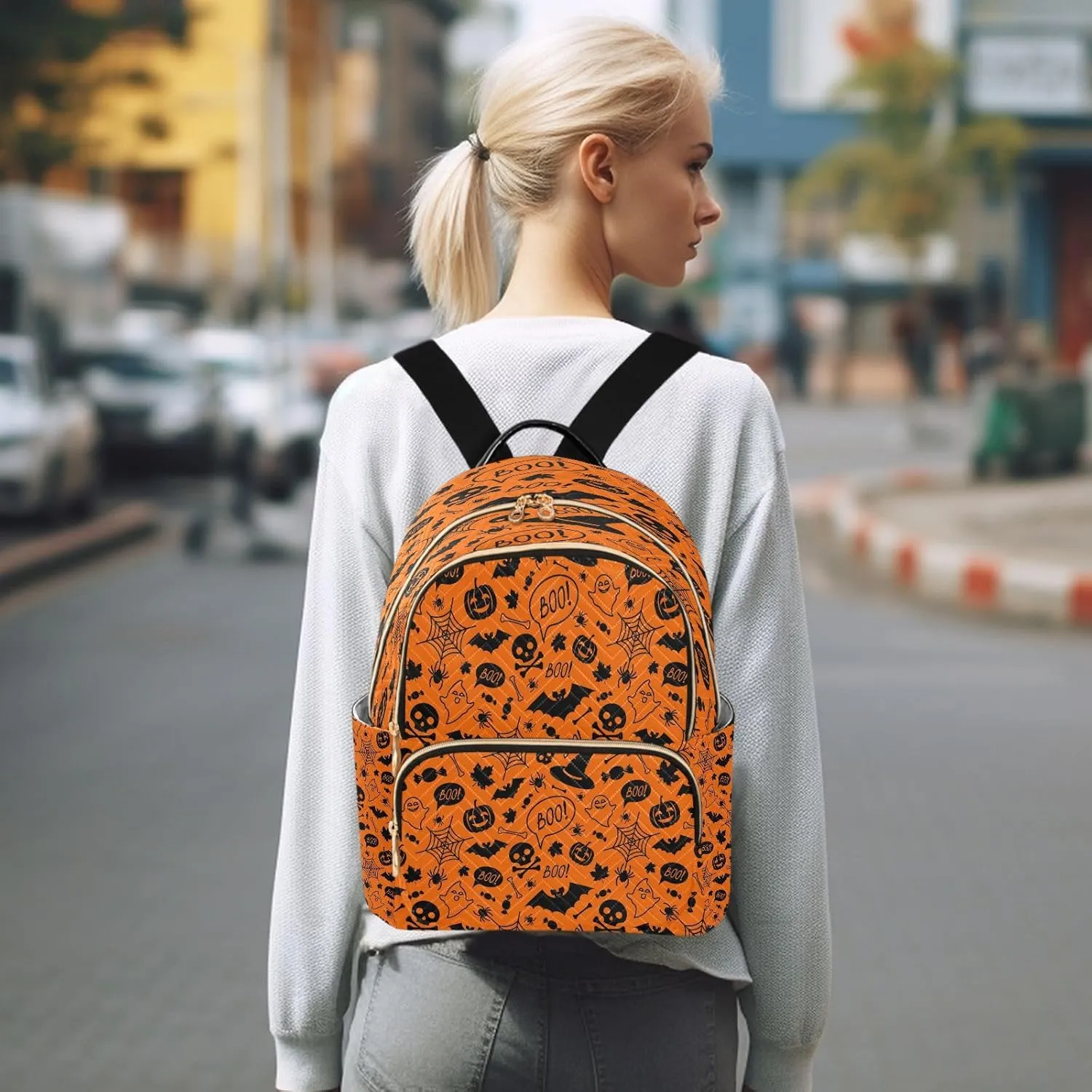 ALAZA Halloween Orange Festive Women Backpack Purse Ladies Fashion Shoulder Bag Daypack Travel Bag 7.5L