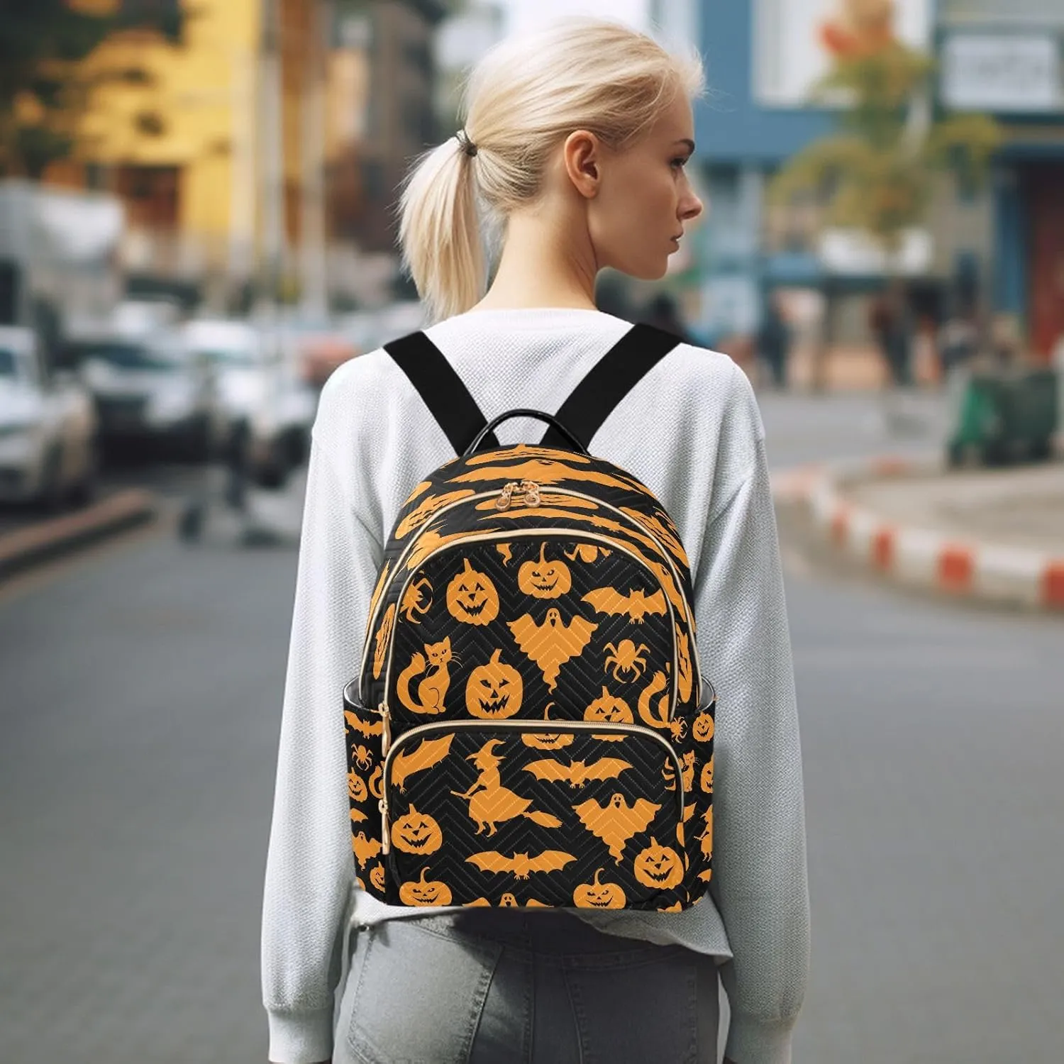 ALAZA Halloween Pumpkin Ghost Women Backpack Purse Ladies Fashion Shoulder Bag Daypack Travel Bag 7.5L