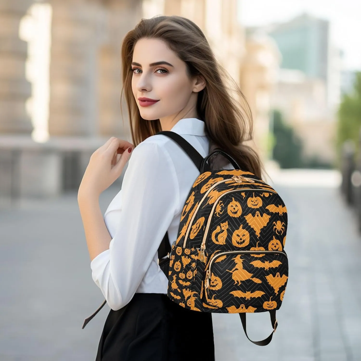 ALAZA Halloween Pumpkin Ghost Women Backpack Purse Ladies Fashion Shoulder Bag Daypack Travel Bag 7.5L