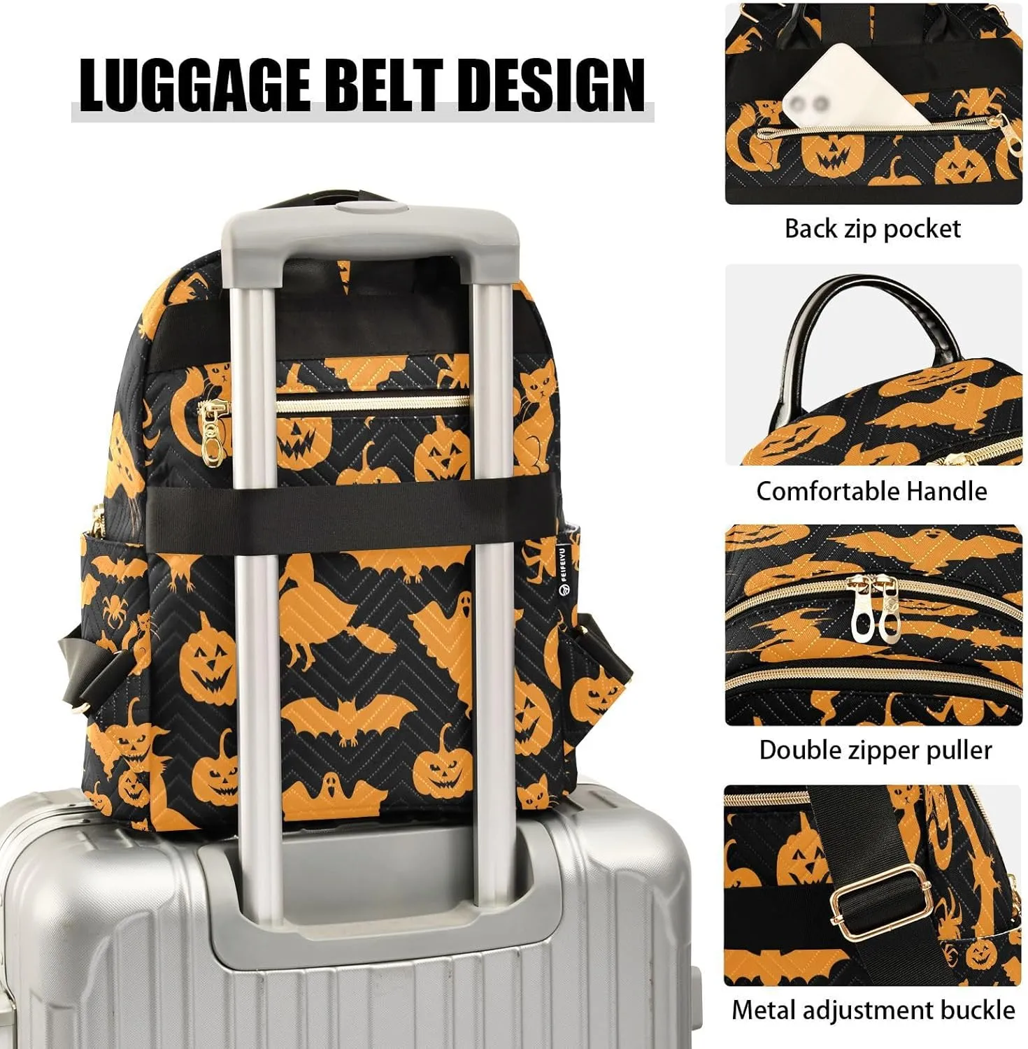 ALAZA Halloween Pumpkin Ghost Women Backpack Purse Ladies Fashion Shoulder Bag Daypack Travel Bag 7.5L