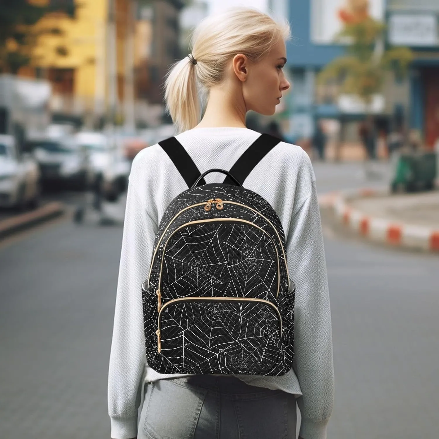 ALAZA Halloween Spiderweb Black Women Backpack Purse Ladies Fashion Shoulder Bag Daypack Travel Bag 10L