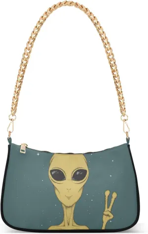 ALAZA Martian Alien Peace Sign Retro Shoulder Bag Purse for Women Tote Handbag with Zipper Closure