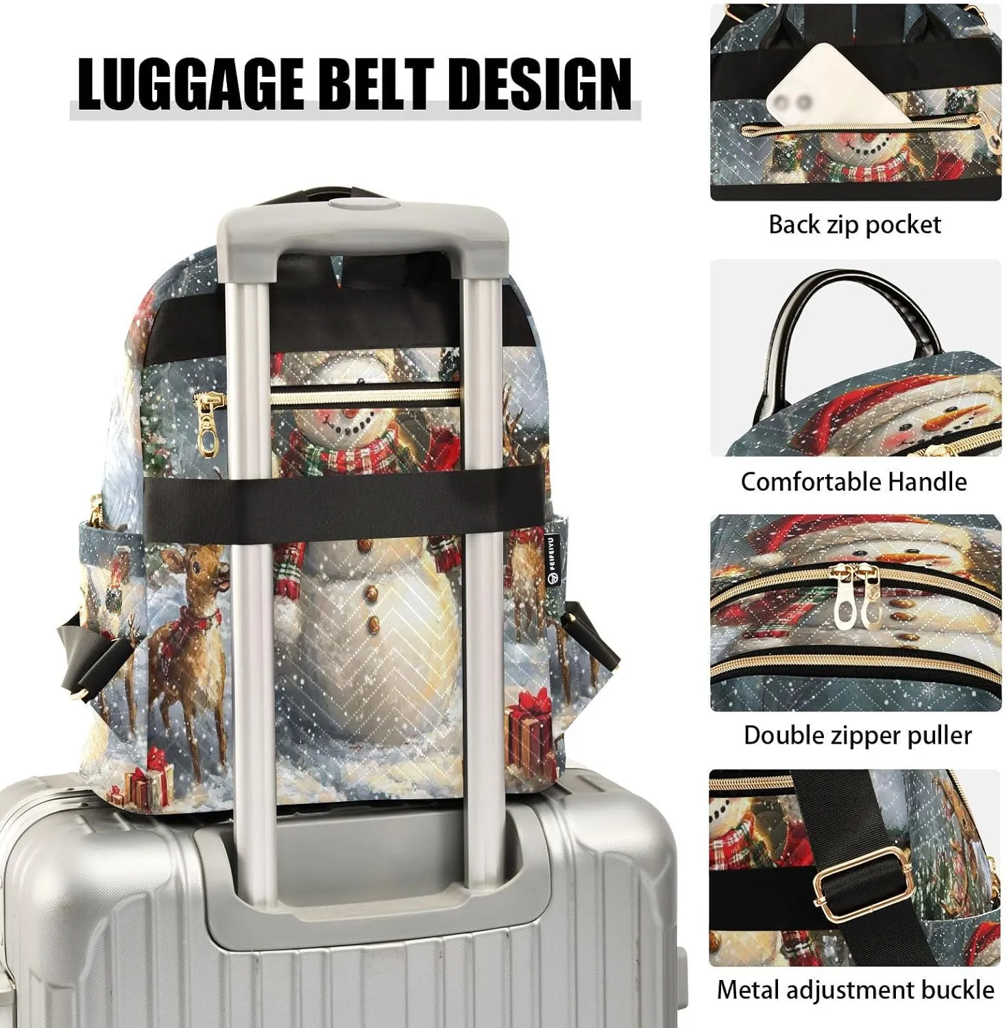 ALAZA Merry Christmas Deer Snowman Winter Retro Women Backpack Purse Ladies Fashion Shoulder Bag Daypack Travel Bag 7.5L